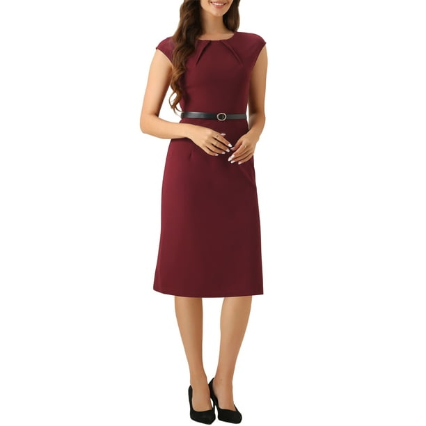 VESTIDO ELEGANTE DE MUJER INSPIRADO CHIC CON MANGAS DE CAPUCHA Y CINTURÓN PARA TRABAJAR BURDEOS S