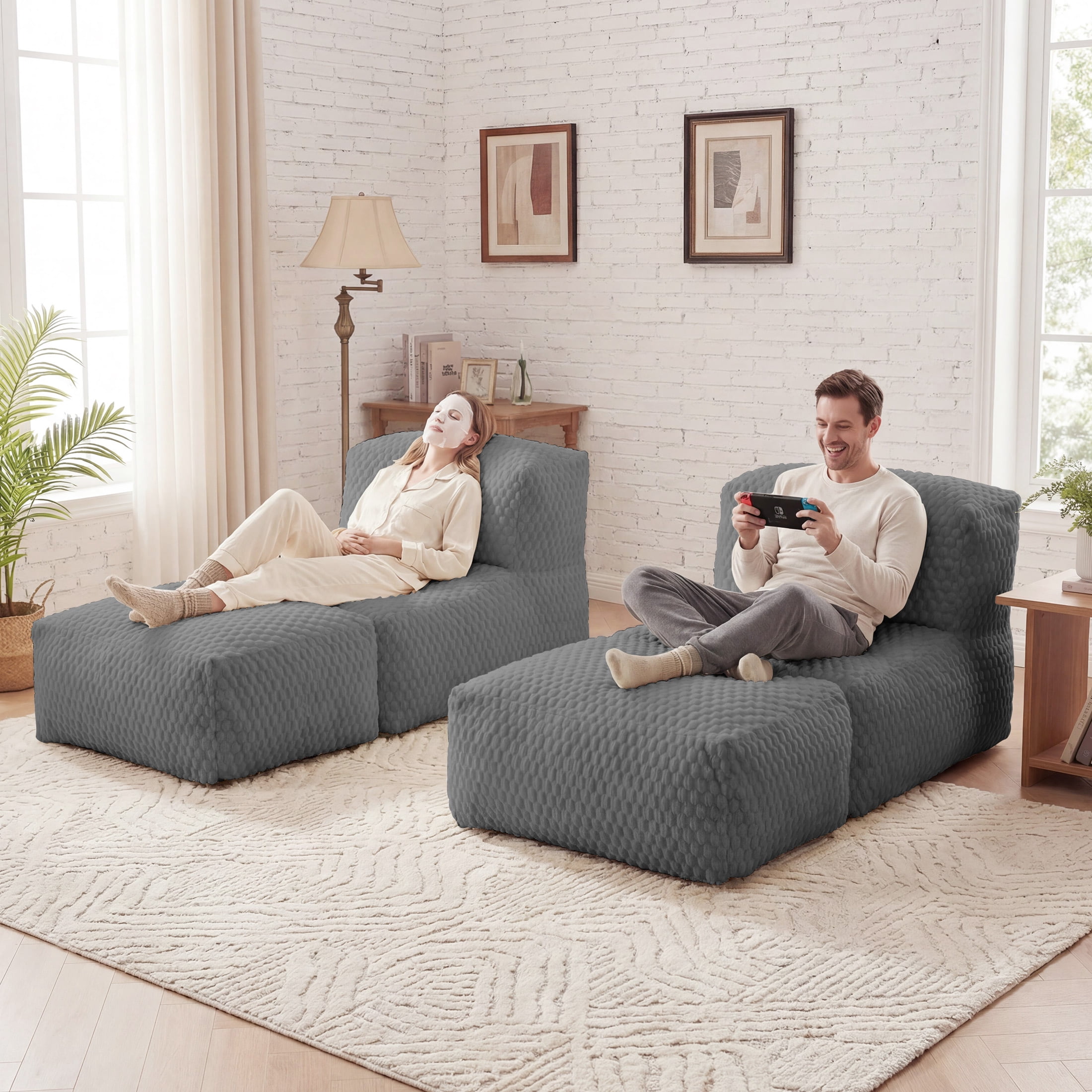 Poshby Big Bean Bag Lounger Chair for Adults, Large Flannel Plush Beanbag Sofa Chair for Living Room or Bedroom, Grey