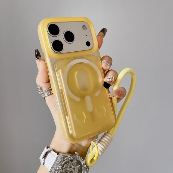 Designed for iPhone Air Magnetic Phone Case,Magnetic Detachable Card Holder,Compatible with Mag-Safe,with Wrist Strap,Shockproof Frosted Translucent Skin-feel Thin Fit Phone Case,Yellow