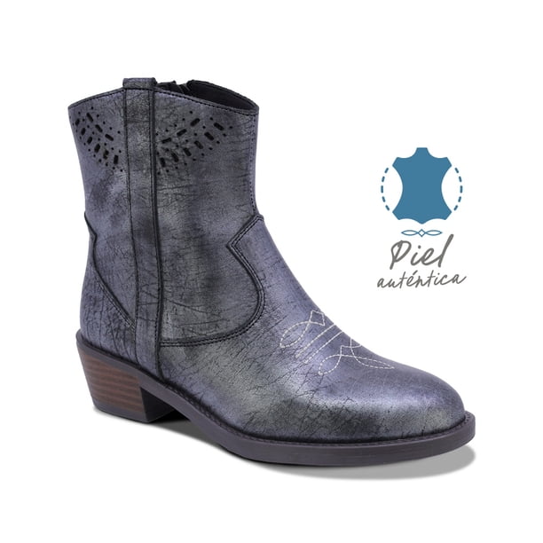 BOTINES COQUETA PARA NIÑA DE PIEL COLOR GRIS METÁLICO MIRTA CON DISEÑO WESTERN Y DETALLES CALADOS