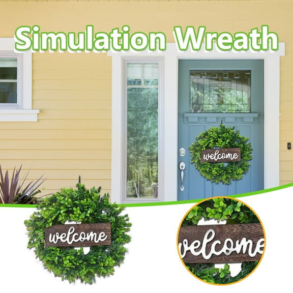 WUJDF Door Wreath,Artificial Eucalyptus Wreath with Welcome Sign,Front Door Wreath,Green Eucalyptus Leaf Wreath,Greenery Wreath Round Leaves Wreath,Door Wreaths for Front Door Outside All Season 17.7"