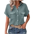 thumbnail image 3 of Jinhomg Womens Button Down Shirts Casual Short Sleeve Dress Shirt Textured Collared Summer Clothes Work Blouse Navy XXL, 3 of 7