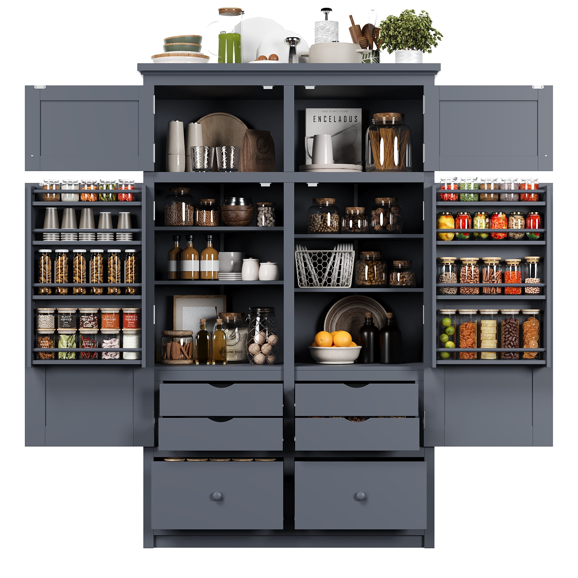 Mintazer 74.8" Tall Freestanding Kitchen Pantry Cabinet with 6 Drawers, Adjustable Shelves & 8 Side Spice Racks, Food Storage Cabinet with 4 Pull-out Trays for Dining Room, Grey