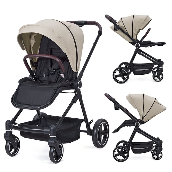 Cochecito plegable para bebé con asiento alto, carrito convertible para recién nacido y niño pequeño, respaldo reversible, cesta y portavasos