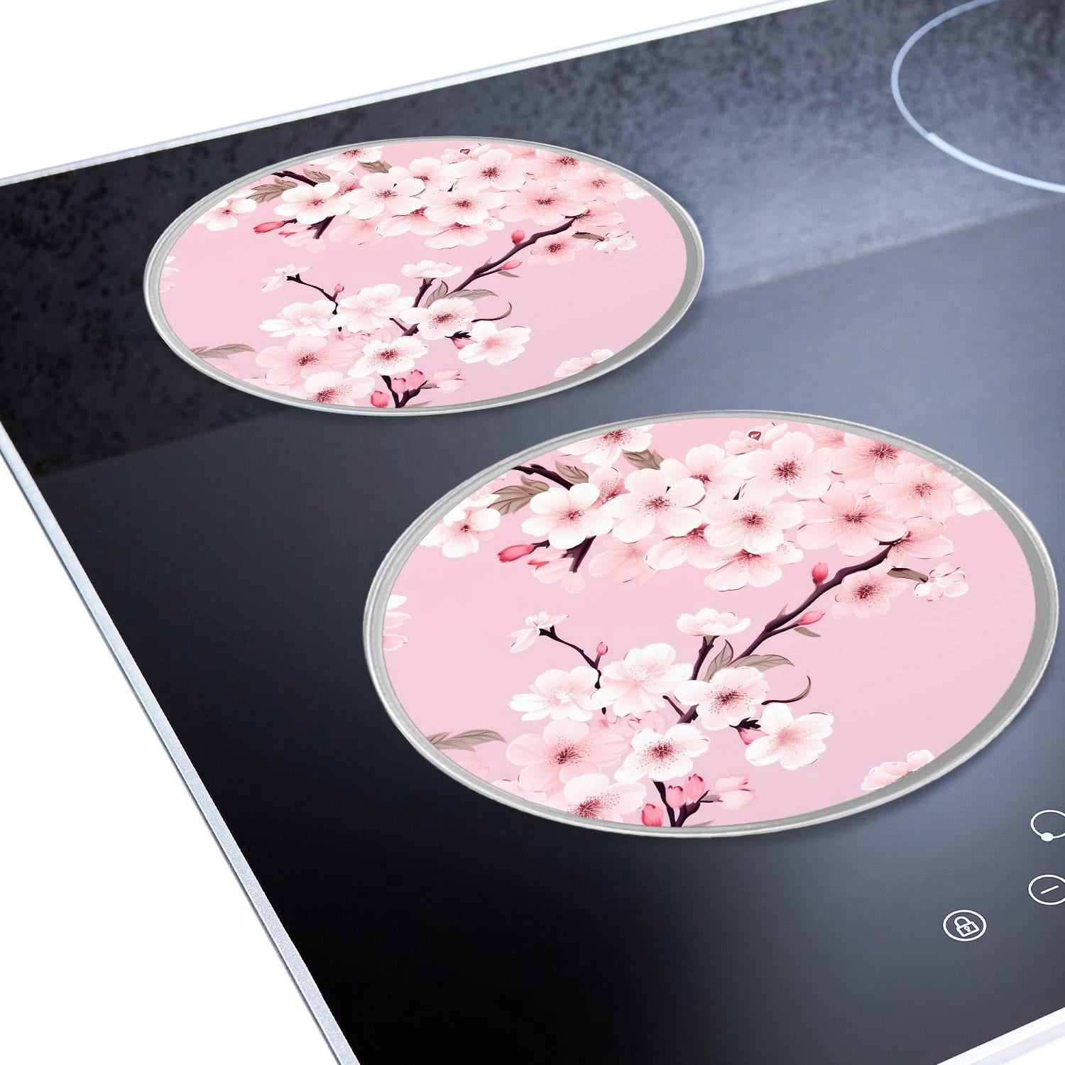 Round Stove Burner Covers 4 Pcs Metal Electric Stove Burner Covers 8Inch And 10Inch ,Pink Cherry Blossom print