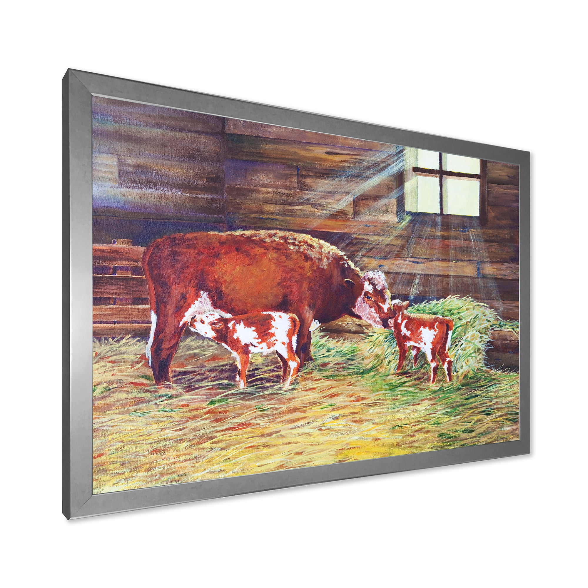 Designart 'Newborn Twin Calves With Cow At The Farm' Farmhouse Framed Art Print