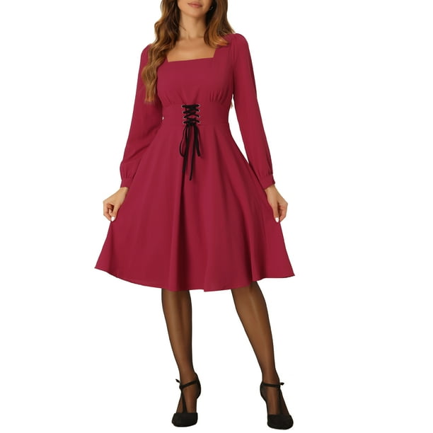 INSPIRE CHIC Vestido Midi Elegante A-Line de Cuello Cuadrado con Cordones y Manga Lámpara para Mujer Rojo XS