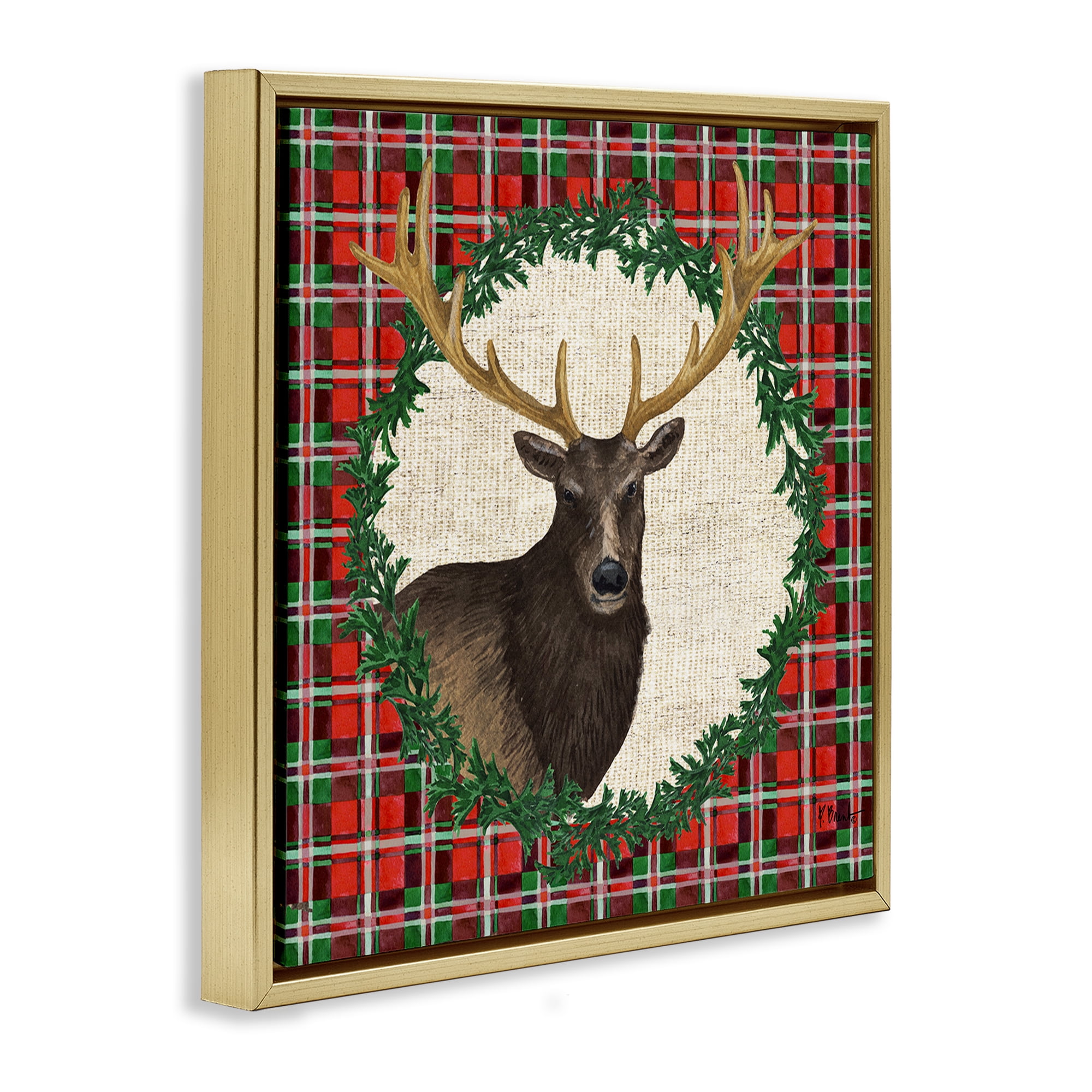 Stupell Industries Festive Plaid Elk Holiday Painting Gold Floater Framed Canvas Art Print Wall Art, 18 x 18