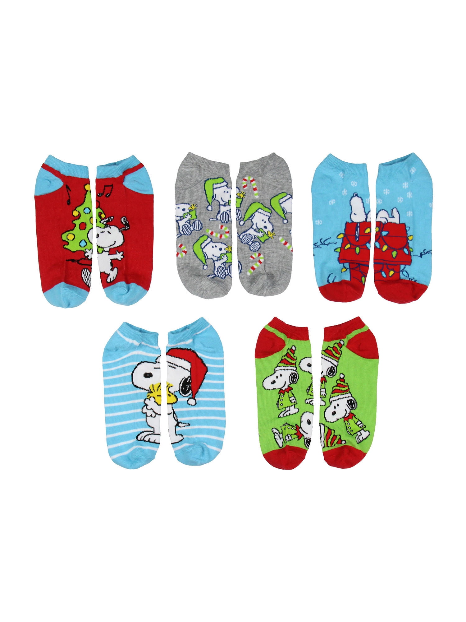 Peanuts Snoopy Women's Holiday Inspired Mix and Match 5-Pack Adult No-Show Ankle Socks Shoe Size 4-10