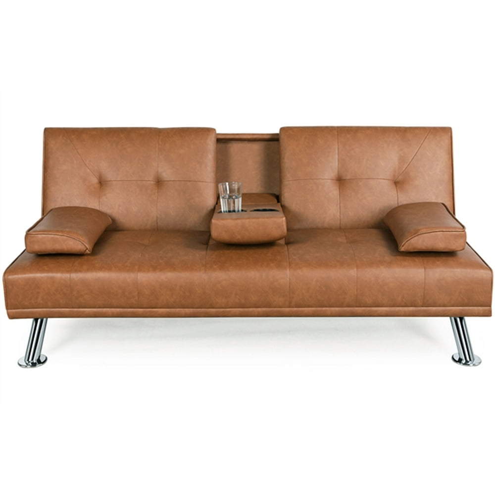 Easyfashion Modern Faux Leather Futon with Cup Holders, Brown Walmart