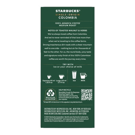 STARBUCKS AT HOME STARBUCKS BY NESPRESSO ORIGINAL LINE, COLOMBIA, MEDIUM ROAST NESPRESSO PODS, 10 COUNT