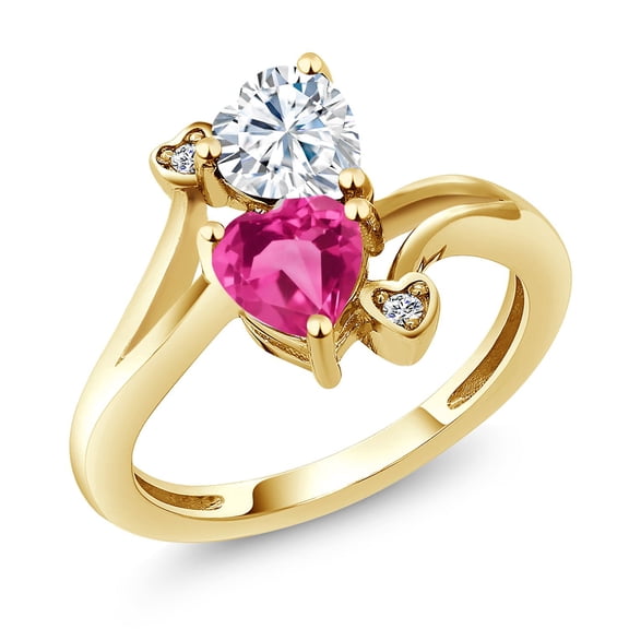 Gem Stone King 18K Yellow Gold Plated Silver White Moissanite Pink Created Sapphire and White Diamond Ring for Women (1.63 Cttw, Heart Shape 6MM, Gemstone Birthstone, Size 6)