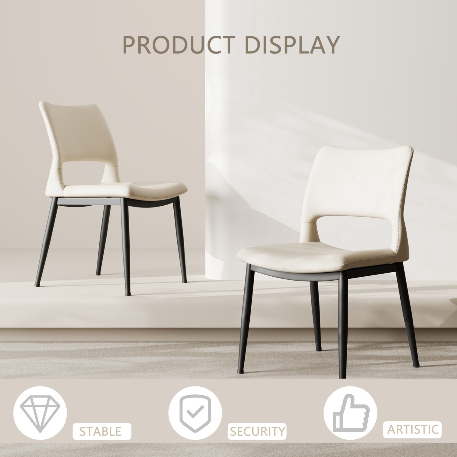 Modern Minimalist White PU Leather Dining Chairs Set of 2 Upholstered Kitchen Chairs with Metal Legs Ergonomic Backrest for Dining Room Restaurant Office