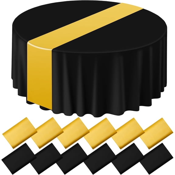 12 Pcs Round Plastic Tablecloth and Satin Table Runner, 84" Plastic TableCloths 12 x 108'' Runners Set, Black and Gold Disposable Tablecloth,Table Cover for Wedding Bridal Shower Birthday Party