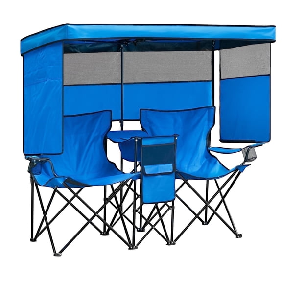 WTVIDAS Double Beach Chair with Canopy Shade Oversized Camping Chairs with Cup Holder Cooler Bag Folding Loveseat Chairs for Camping Beach Lawn