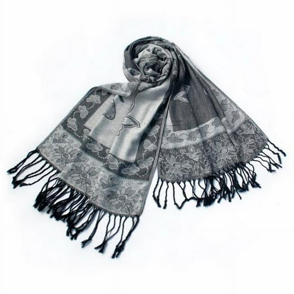 Lt-Grey Big Butterfly & Flower Elegant Exquisitely Soft Tassel Ends Pashmina/Shawl/Scarf