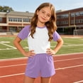 thumbnail image 5 of Girls Summer 2 Piece Outfits Short Sleeve T Shirts Top and Shorts Set Kids Clothing Sets with Pockets Teen Soft Comfy Athletic Casual Sets Sportswear Purple 11-12 Years, 5 of 7