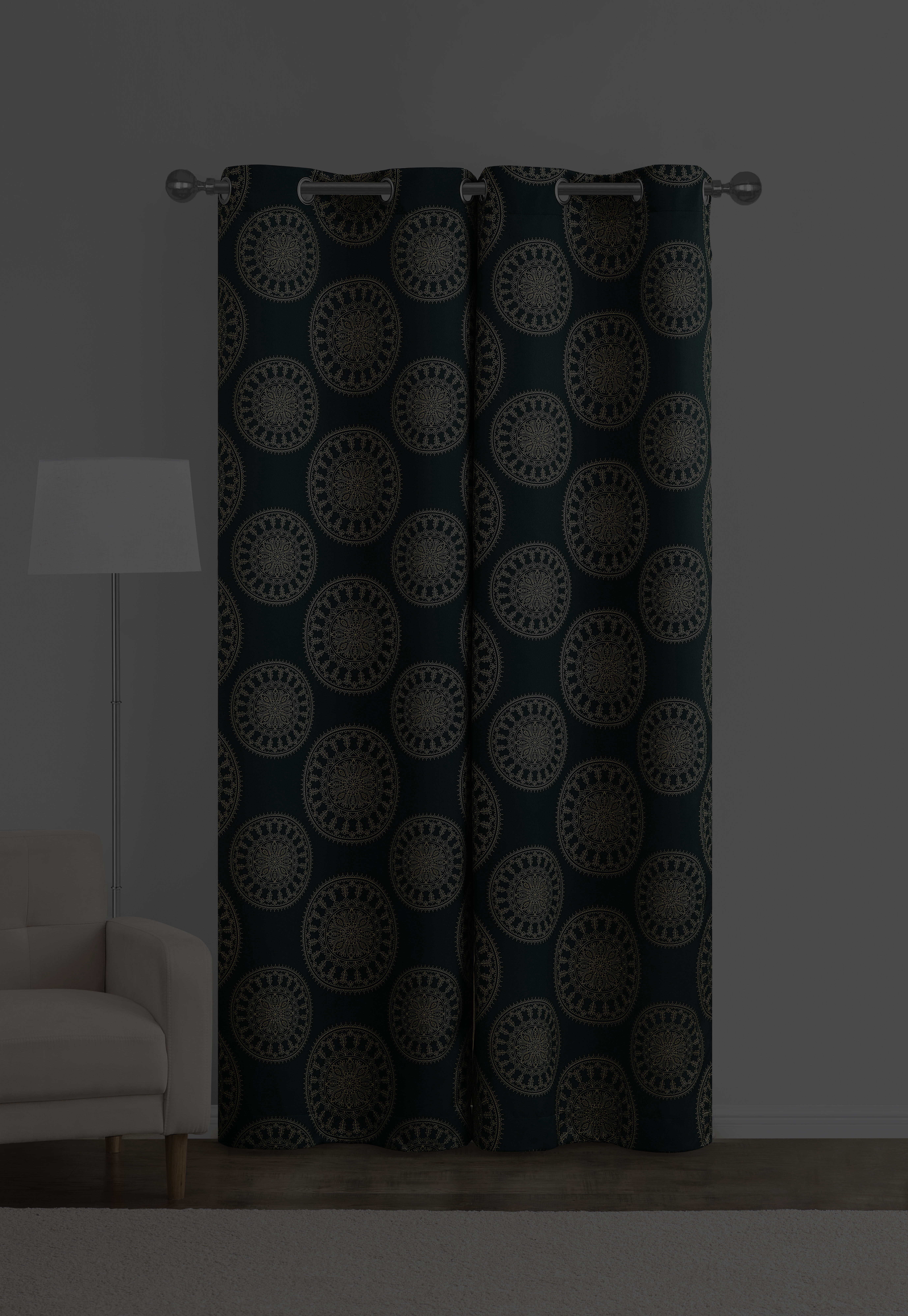 Mainstays Room Darkening Grommet Curtain Panel Pair, Set of 2, Medallion Dark Teal, 30"W x 84"L