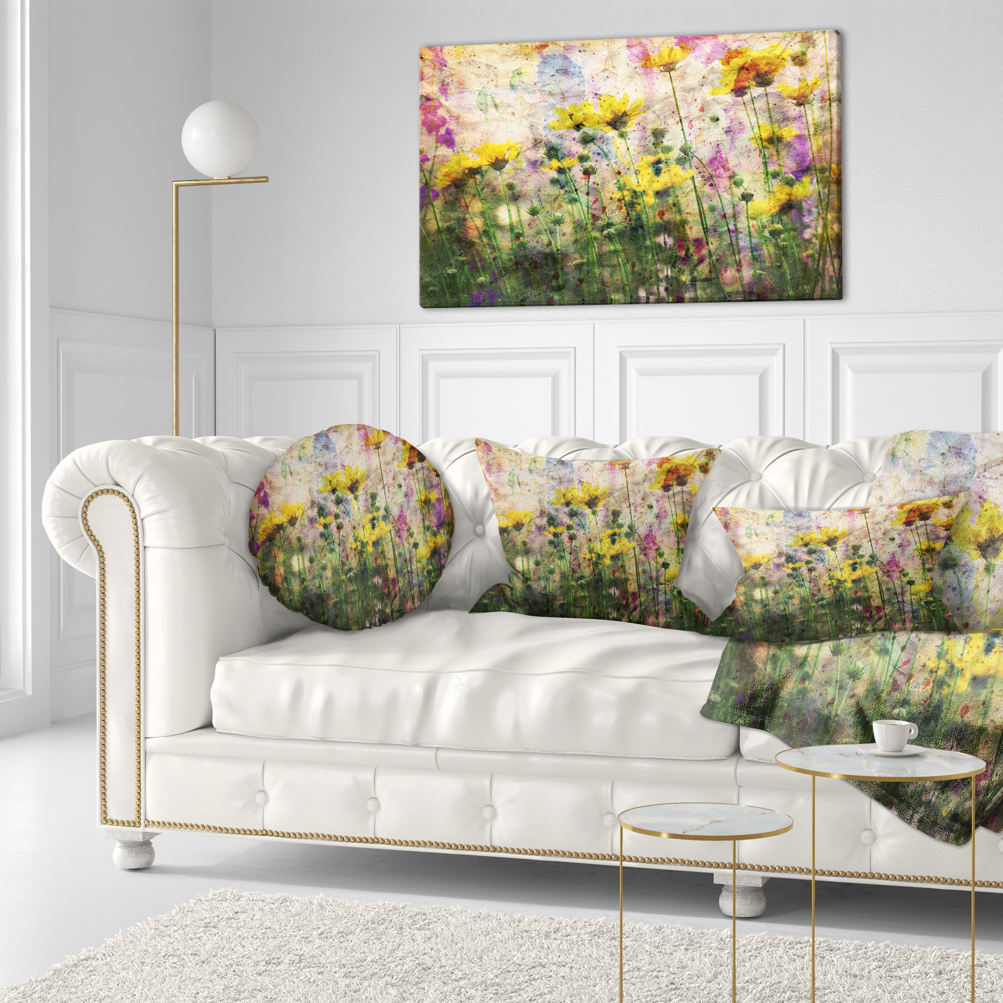Designart Coreopsis Flowers and Paint Splashes - Flower Throw Pillow - 12x20