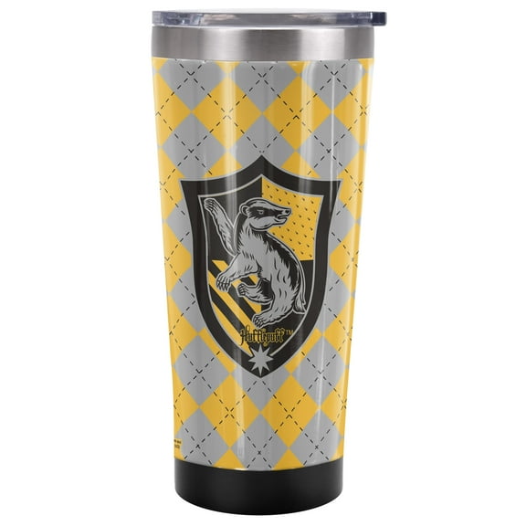 Harry Potter Official Hufflepuff Plaid Sigil 20 oz Travel Tumbler, Stainless Steel, Vacuum Insulated with Leak Resistant Slide-Lock Lid