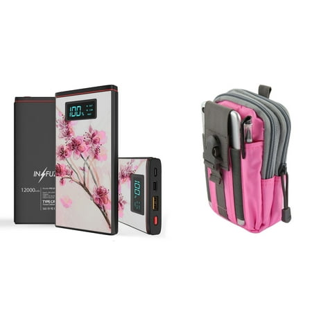 Cherry Mobile Organizer INFUZE Slim Pocket 12000mAh Portable Charger Dual (USB-A, USB-C) 18W QC 3.0 Power Bank (Cherry Blossom), Tactical Organizer Pouch (Pink/Gray) for Samsung Galaxy J7 (J7 V 2nd Gen, Star, Crown) ()