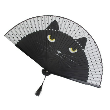 

Women Cartoon Cat Folding Silk Fan Handheld Fan (Black)