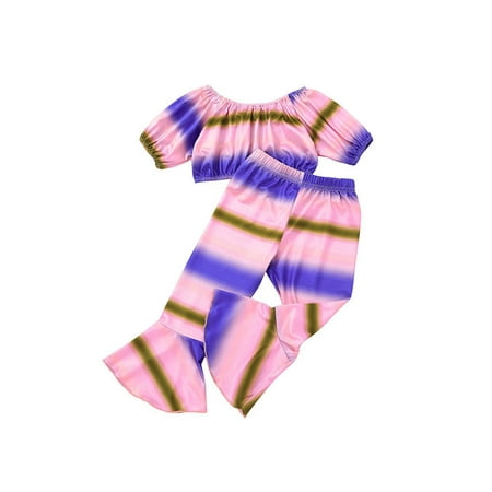 

Canrulo Kids Toddler Girl Casual Summer Clothes Tie Dye Blouse Long Sleeve Off Shoulder Tops Bell Bottom Flared Pants Set Pink 4-5 Years