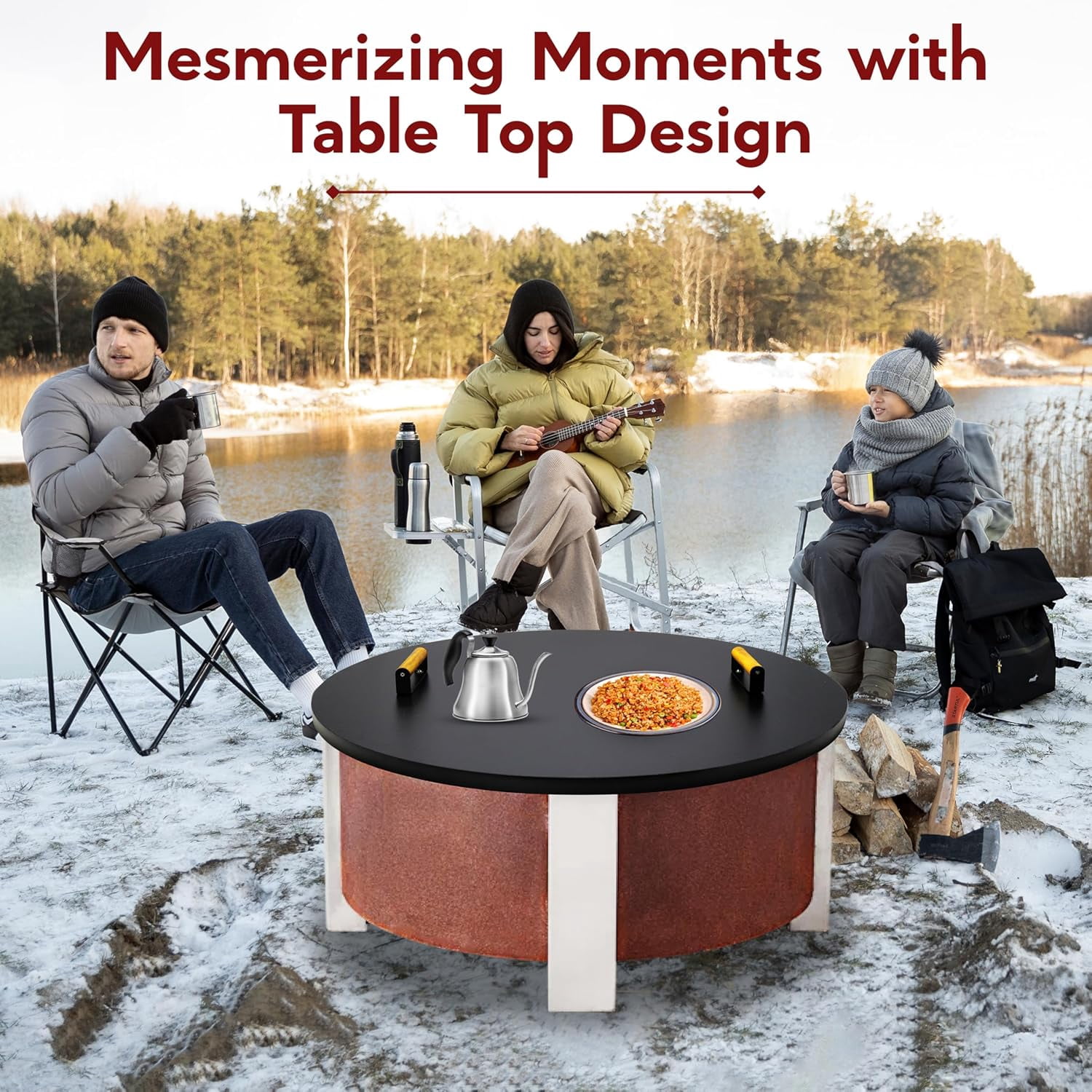 FEBTECH Solid Fire Pit Lid 35” - Fit for 34.5 Inch Smokeless Fire Pit - Carbon Steel Fire Pit Lid with Dual Wooden Handles & Powder Coating - Reliable Use as Garden Decor Fire Pit lid Accessories