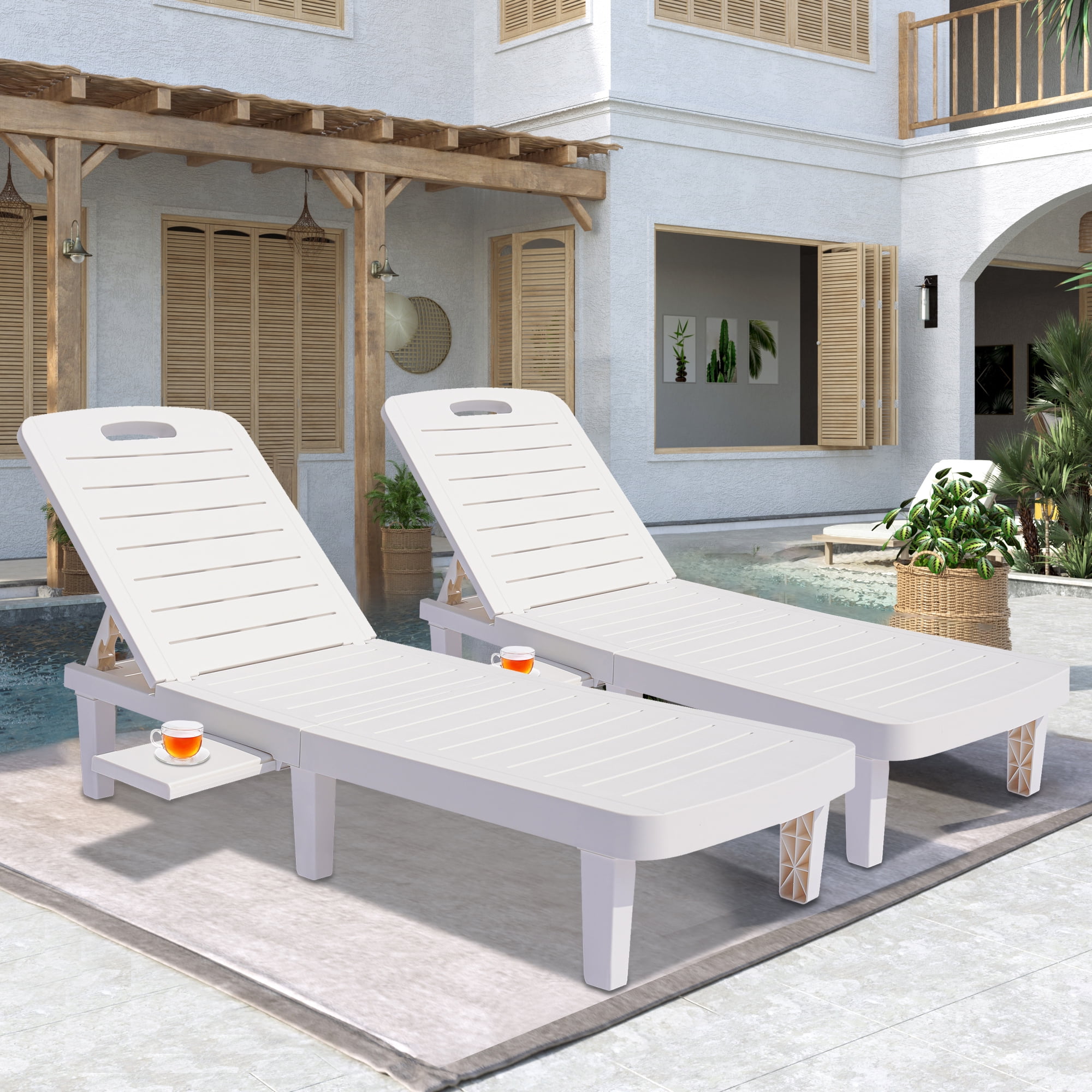 Patio Lounge Chair Set of 2 Adjustable Chaise with Side Table