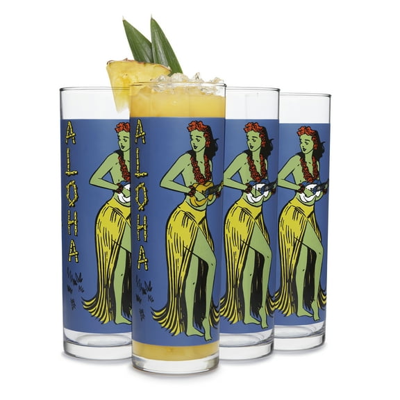 Libbey Zombie Blue Glass Tumbler Set, Vintage-Style Tiki Drinking Glasses Set of 4, Exotic, Tall Drinking Glass Cups for Backyard Luau or Pool Party