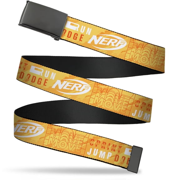 Adjustable Belt, Clamp Buckle, Cut-to-Fit, Nerf Action Verbiage Collage Yellows Orange White