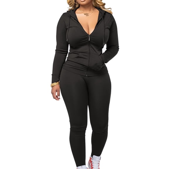 Women Two Piece Outfits Workout Sets Bodycon Tracksuit Long Sleeve Zip Up Hoodie Jacket Jogger Matching Sweat Pants Set Black XL