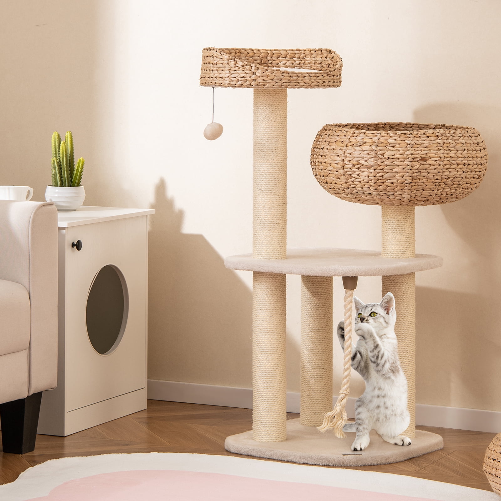 Gymax 41'' Hand-Made Cat Tree Tower Natural Bowl Shaped w/ 2 Perch