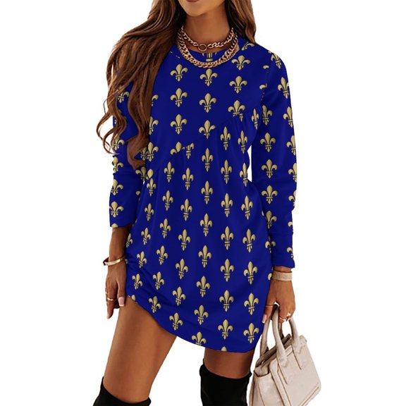 Royal Fleur De Lys Blue Loose Dress Evening Dress Summer Dresses for Women Luxury Dress Long Sleeved Dress