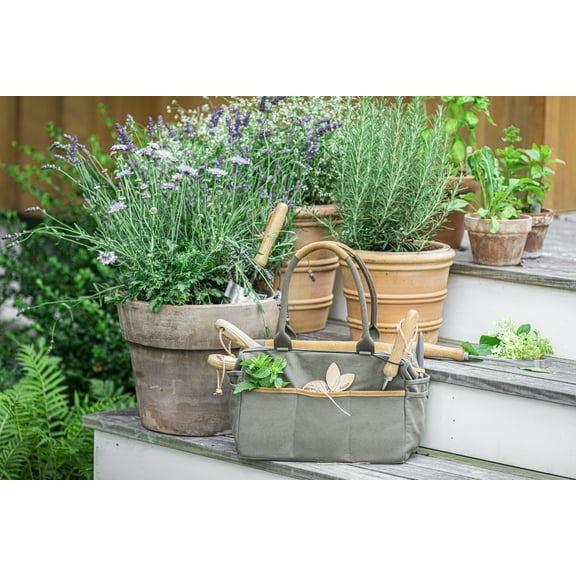 FLEUR DU BIEN 6 Piece Stainless Steel Heavy Duty Garden Tools Set, with Ash Wood Handle and Non-Slip Rubber Grip Pruner, Premium Canvas and Leather Storage Tote Bag, Outdoor Hand Tools, Garden Gift