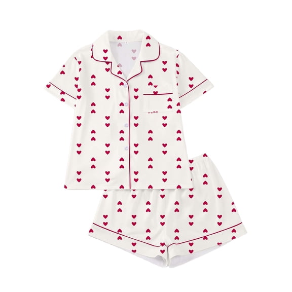 DHFJKG Womens Pajamas Set Button Down 2 Piece Pjs Shorts Set Heart Print Short Sleeve Notch Collar Sleepwear Soft Home Clothes