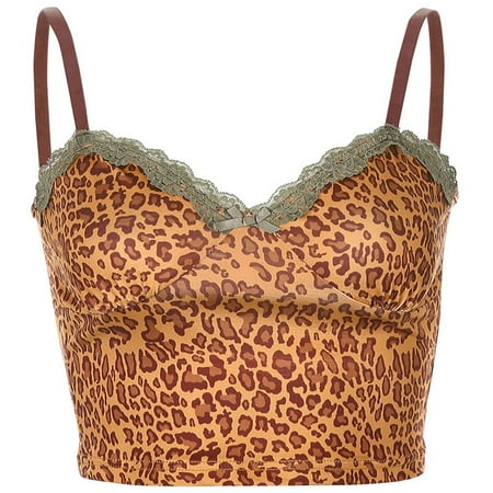 Leopard Print Sleeveless Spaghetti Strap Summer Sexy Lace Trim Camis Tops Tee Ladies Fashion Streetwear Sweet Cropped Party