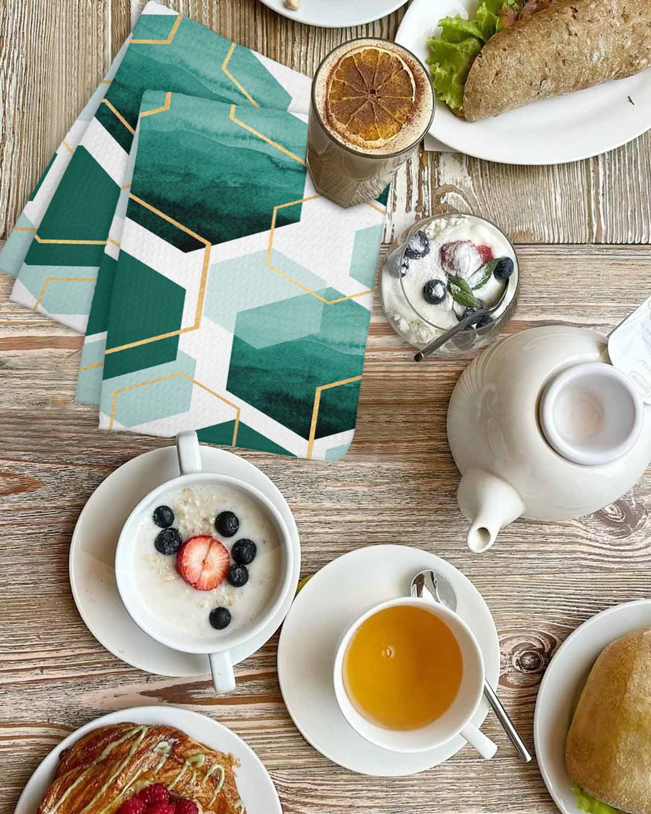 Turquoise Marble Kitchen Dish Towels for Drying Dishes Set of 2, Gold White Geometric Hexagon Modern Waffle Weave Microfiber Hand Tea Bathroom Towels Quick Dry & Absorbent Towel 15.7x23.6