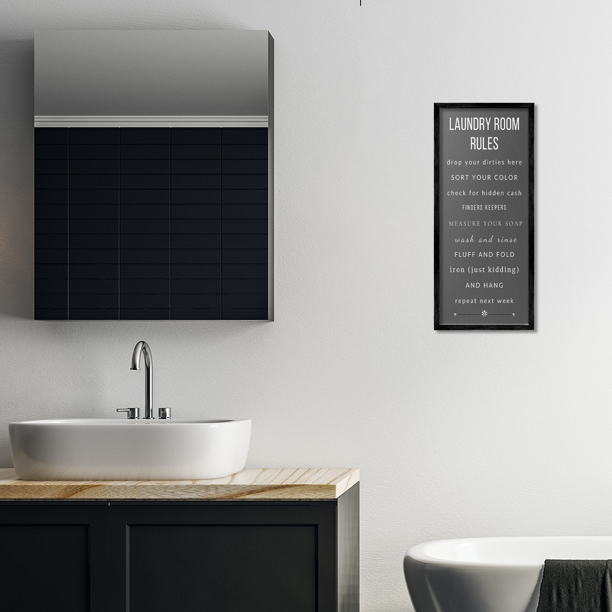 Grey Rules of Laundry Room Black Framed Giclee Art, design by Julia Frost