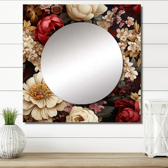 Designart "Burgundy Peony Victorian Elegance" floral Square Mirror For Wall Decor - Large Pink Square Printed Wall Mirror Art - Square Cottage Mirror - Wall Mounted Square Large Mirror