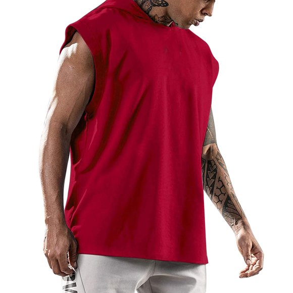 LUOGENLI Male T-shirts for Mens Men's Fitness T Shirt Training Pullover Sports Leisure Sleeve Hooded Vest Men's Solid Color Vest T-shirts for Men Graphic Tee Summer Clothes Red XL