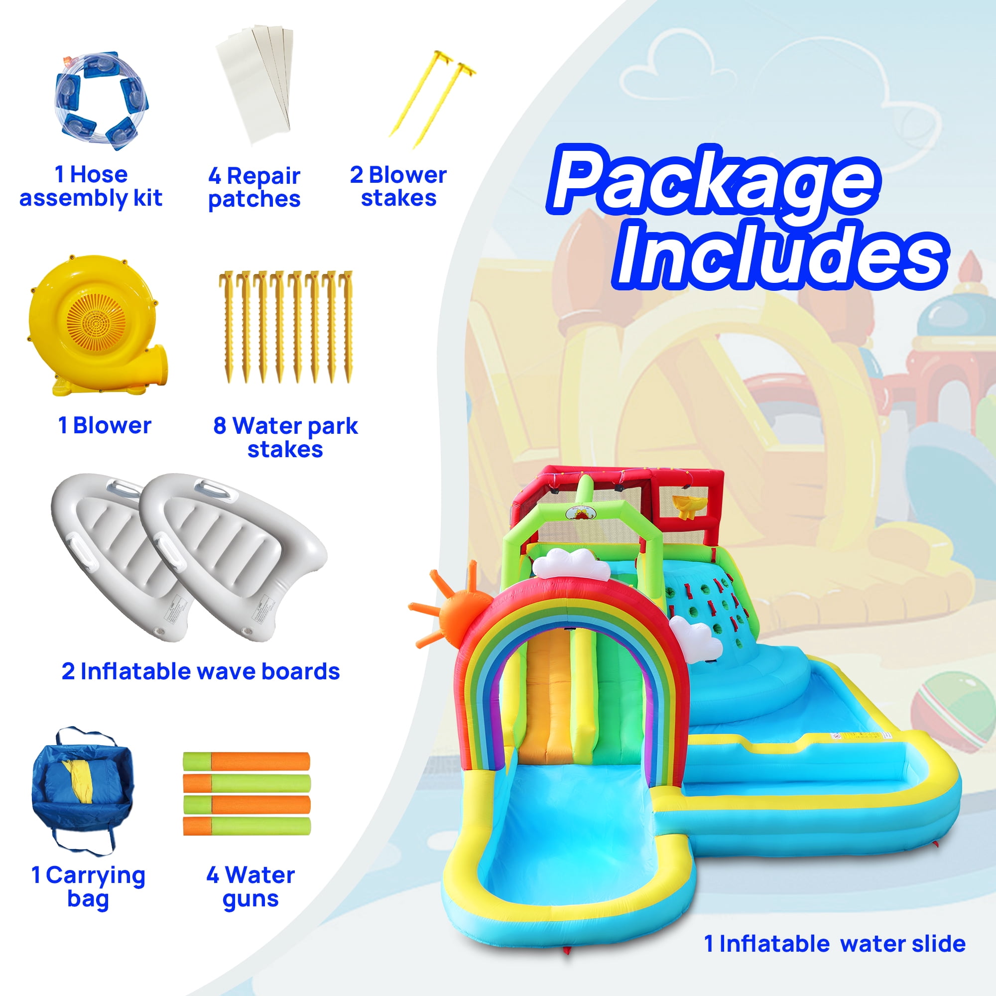 WELLFUNTIME Inflatable Water Slide Park for Kids, Bounce House with Blower, Rainbow Water Curtain, Splash Pool for Backyard