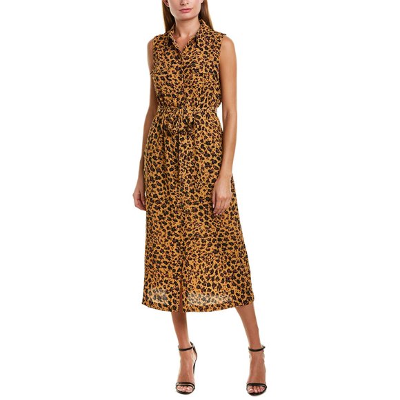 Donna Morgan Women's Sleeveless Bubble Crepe Shirt Dress, Mustard Brown/Black Multi, 12