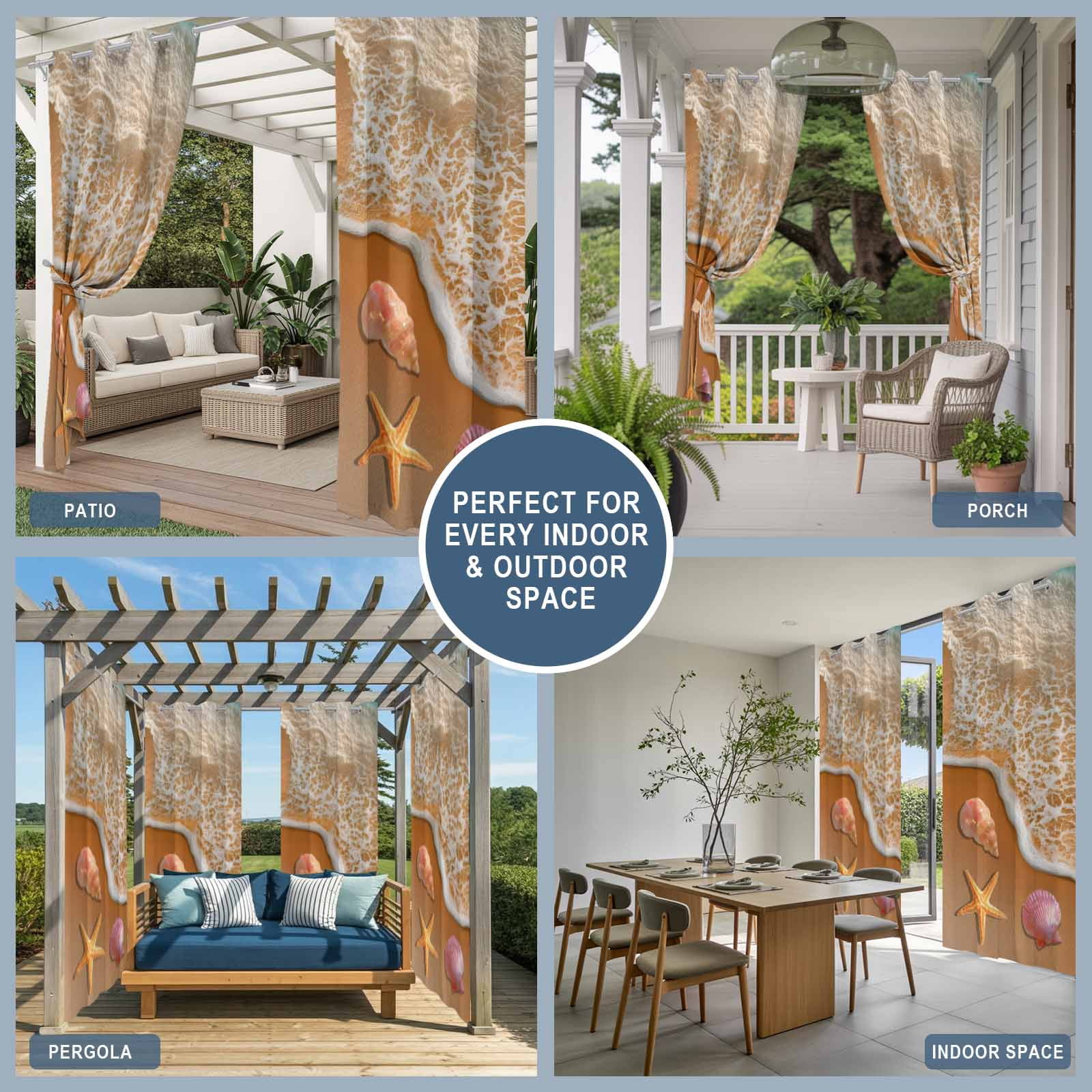 Summer Beach Outdoor Curtains for Patio, Ocean Waves Starfish Shell Conch Coastal Sunshade Privacy Drapes Grommet Waterproof Outside Curtains for Porch/Cabana/Balcony 54"x 108", 1 Panel