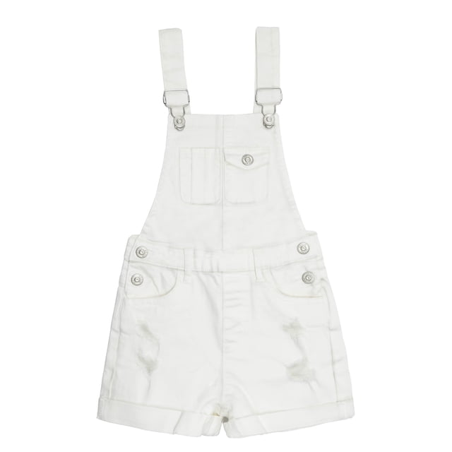 KIDSCOOL SPACE Shorts en Jean pour Filles et Garçons, Bretelles Réglables Déchirées Shortalls en Denim d'Été, Blanc, 4-5 Ans