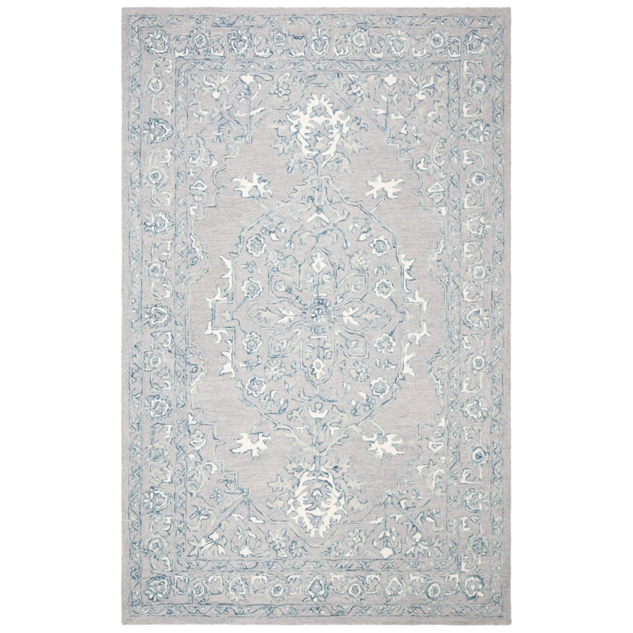 SAFAVIEH Micro-Loop Britton Floral Bordered Wool Area Rug, Light Grey/Ivory, 5' x 8'