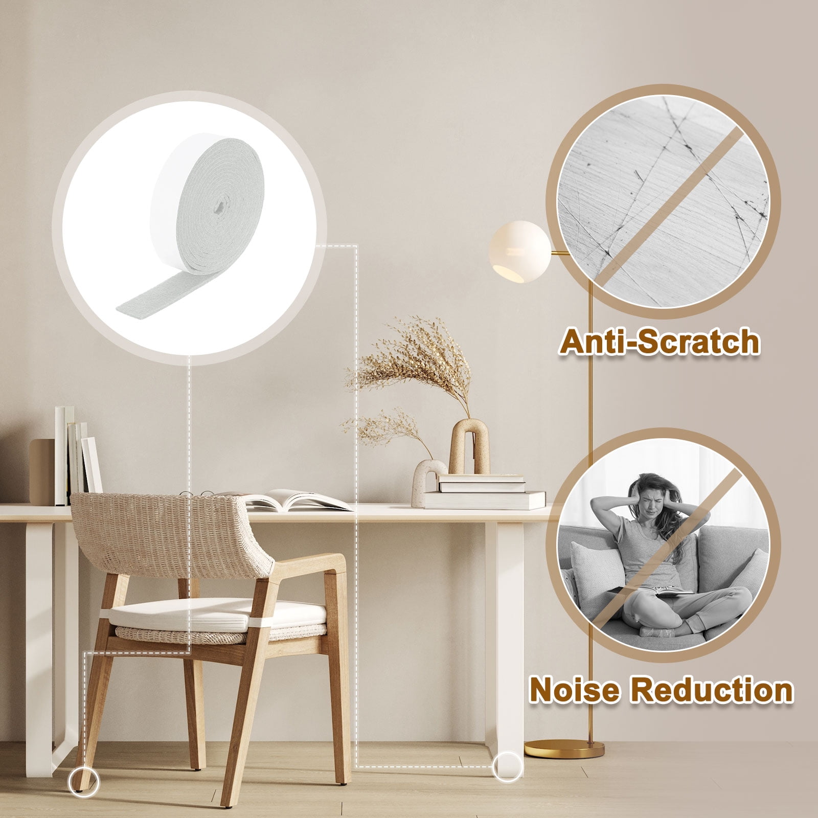 Felt Strips with Adhesive Backing, 4 Pack 1" x 120" x 0.12" Adhesive Felt Strips Anti Scratch Furniture Felt Tapes Self-Stick Felt Pads for Protecting Hardwood Floor, White