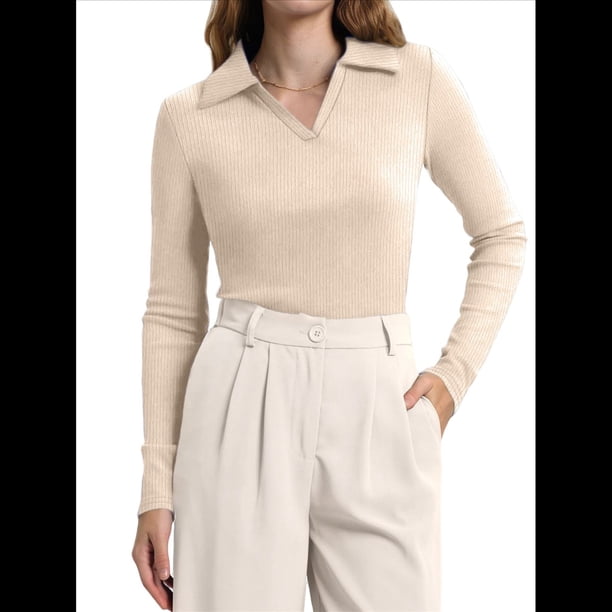 Camisas de Mujer de Larga, Informales, de Negocios, con Cuello en V, Suéter de Punto Acanalado, Blusas Ajustadas. Albaricoque L