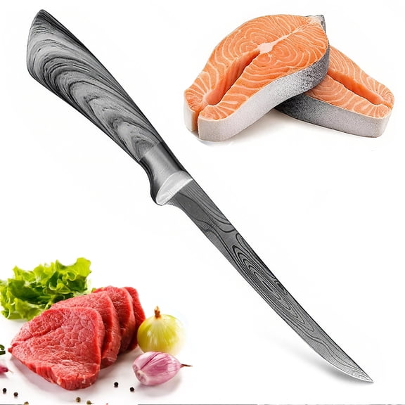 8-inch Filet Knife for Meat Fish Stainless Steel Petrified Fishing Knife Damascus Laser Boning Knife Meat Cleaver Sushi Slicing Knife with Coated Handle