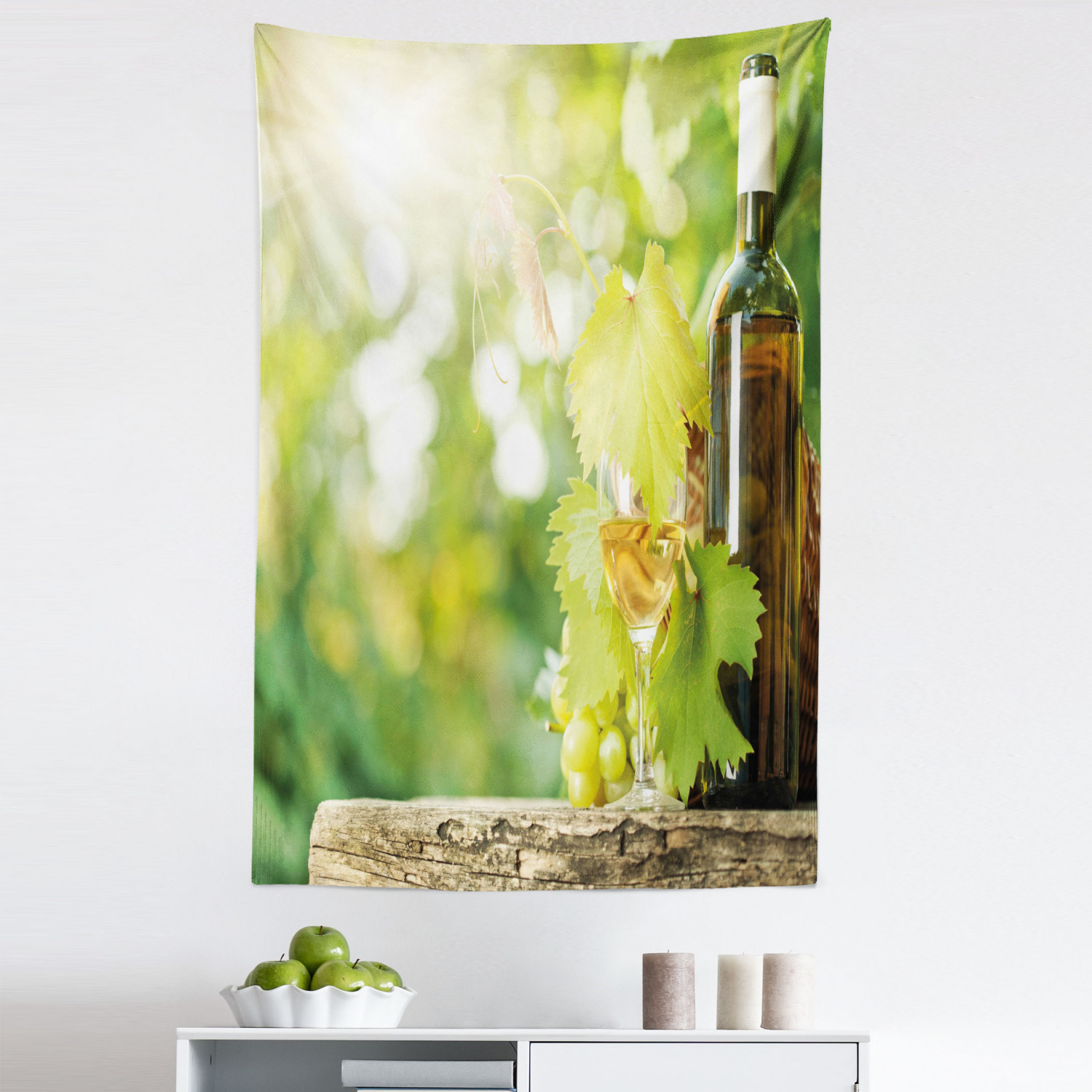 Wine Tapestry, White Wine Bottle Glass Young Vine and Bunch of Grapes ...